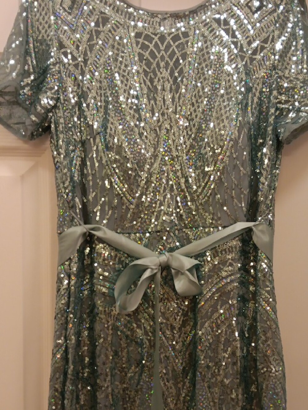 Sparkling Light Turqoise Beaded Evening Gown with Sash Size 12 - Picture 6 of 14